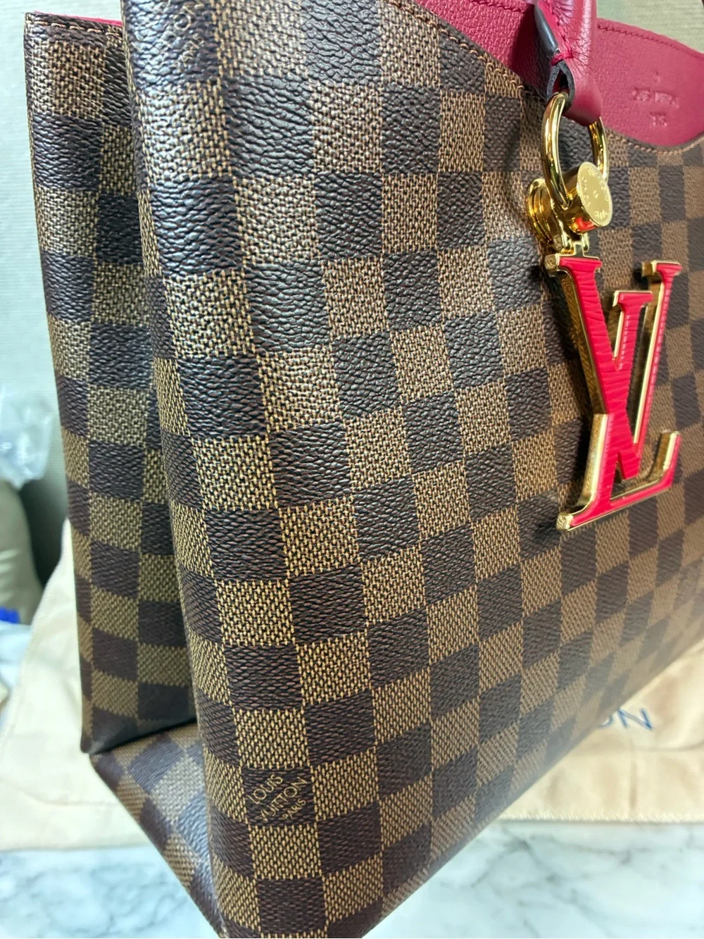 Louis Vuitton LV Damier Ebene Riverside Tote w/ Magenta Leather & LV Charm - NWT
